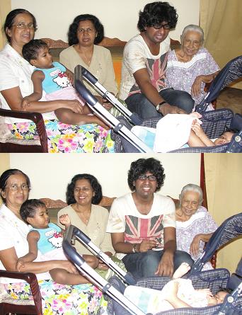 The Great Grandmother (L-R), My Aunt (Attammi's second daughter, my mum's younger sister), with her eldest grandchild/granddaughter, on her lap (her younger grandchild/granddaughter is seen in the crib), my mum, me, & Attammi, at my Aunt's (April 2012).