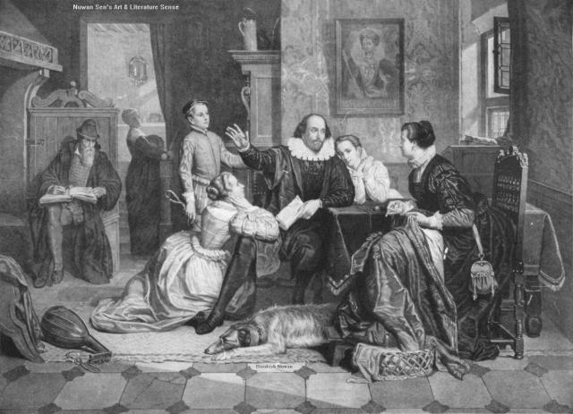 An artwork depicting William Shakespeare, with his family (wife and children)